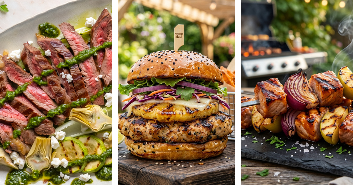 Three side-by-side food images showing sliced grilled steak with green sauce and vegetables, a stacked burger topped with pineapple, lettuce, and red onion on a sesame bun, and skewers of grilled meat and vegetables cooking on an outdoor grill.